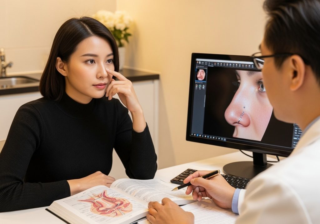 女生請教醫師臉部相關問題，醫師用女生個人掃瞄出的3D照片進行溝通