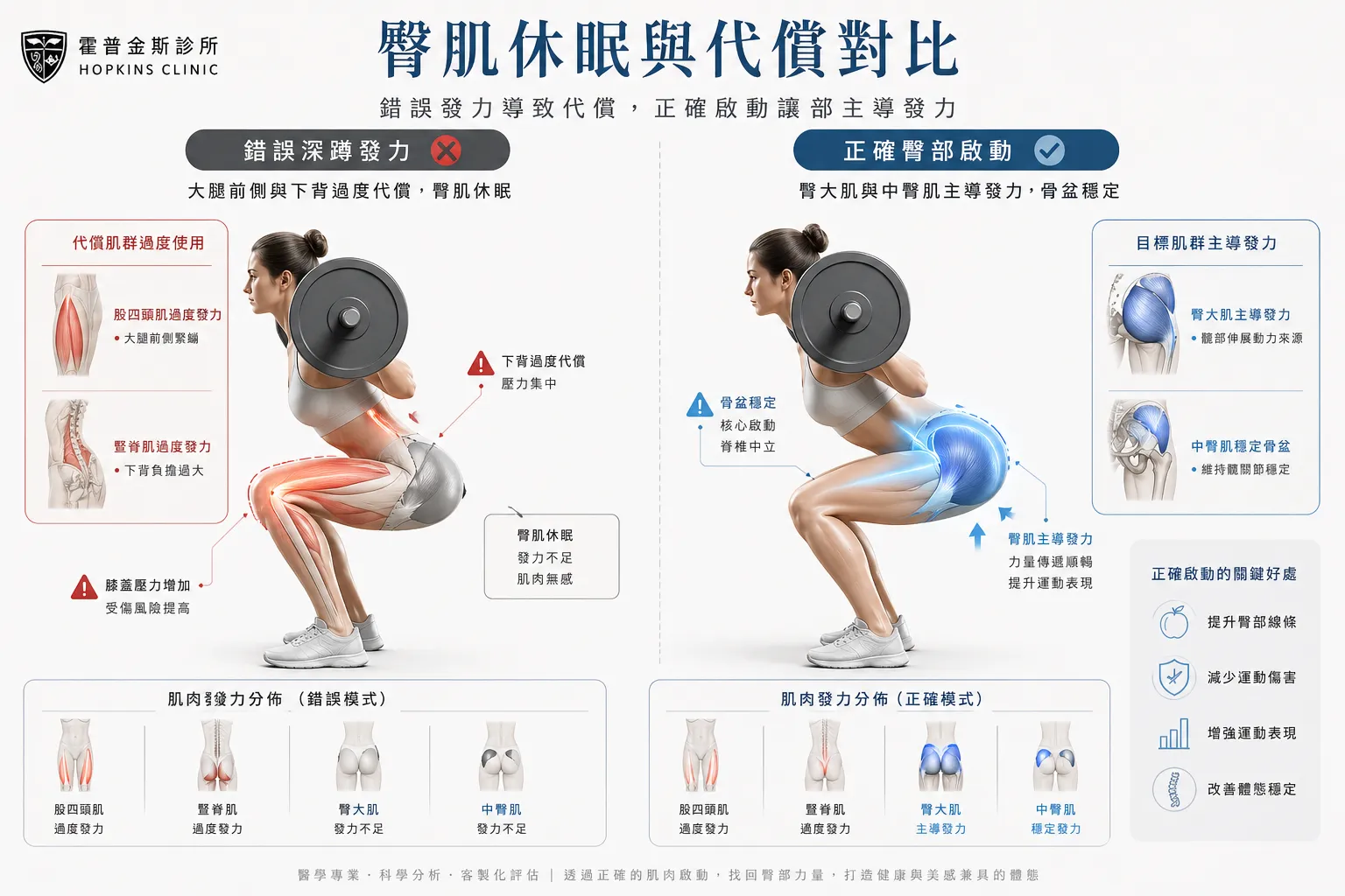 久坐造成臀肌休眠與骨盆代償示意圖，說明深蹲無效的原因