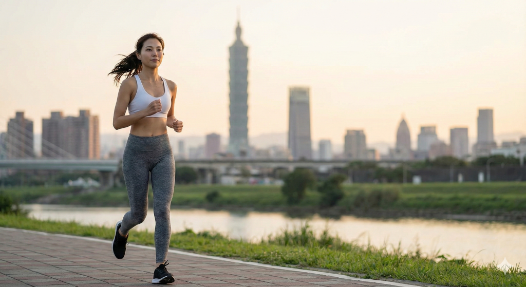一位女性在黃昏的台北河濱步道快走減肥，背景為模糊的城市天際線與溫暖陽光。