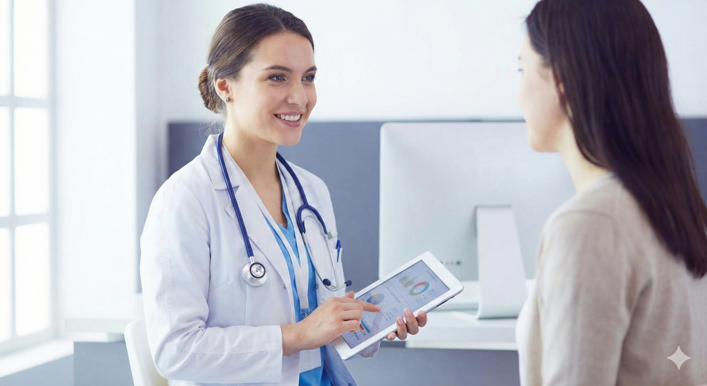 專業女性醫師在現代化減重門診中，拿著平板電腦向女性患者解釋減肥進度圖表，氣氛親切且專業。