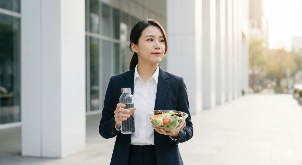 一位穿著俐落深色西裝的東亞上班族女性，在現代都會背景下散步，手中拿著透明水瓶與新鮮綠生菜沙拉餐盒，展現自信與健康的形象。