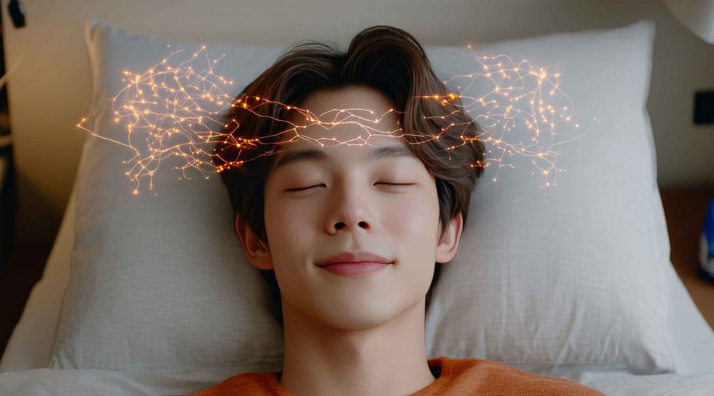 躺臥放鬆時，頭部周圍出現光點軌跡，象徵紅光能量調節神經並促進背肌與深層肌群修復。