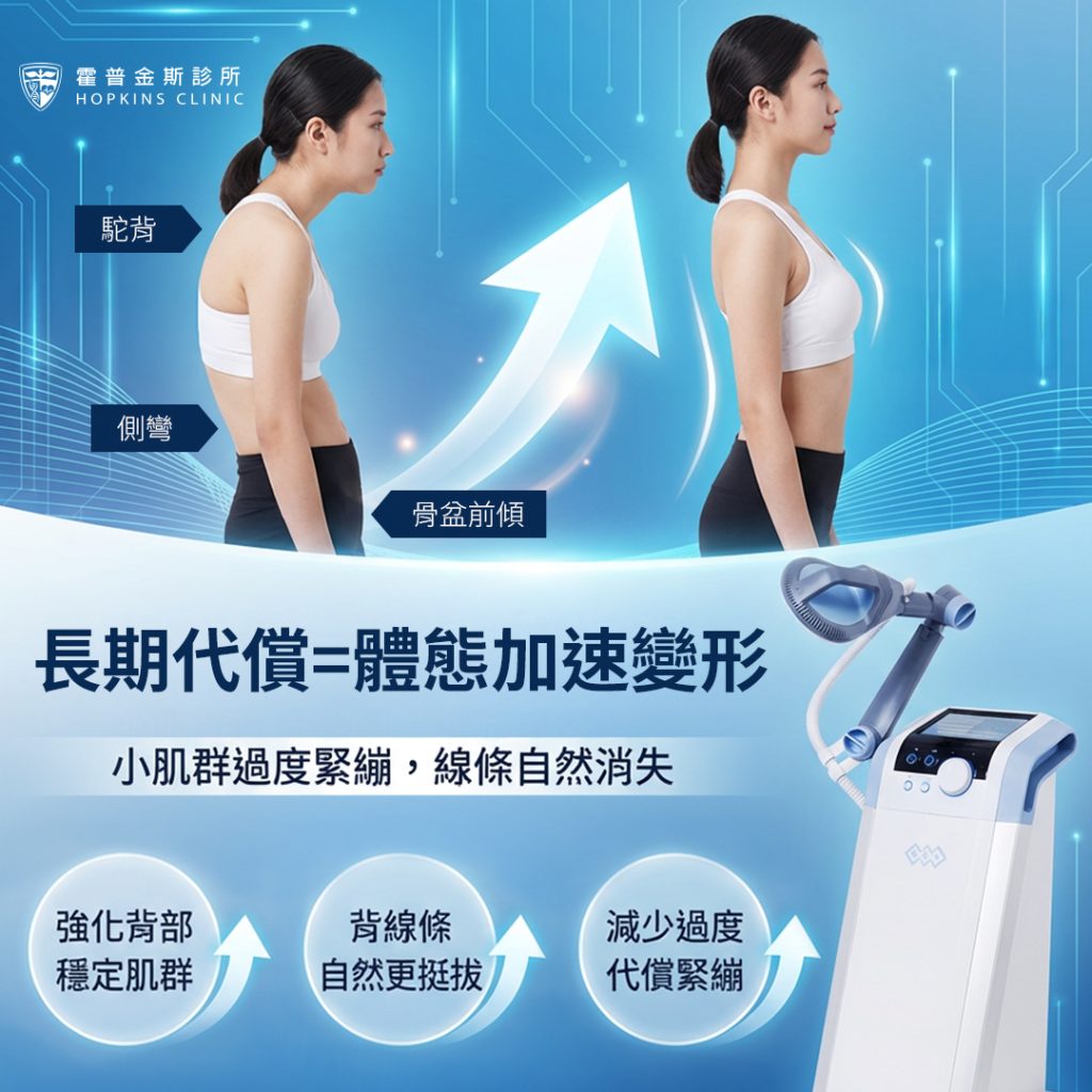 體態代償導致駝背與骨盆前傾的示意圖，說明背肌不足如何讓姿勢失衡。