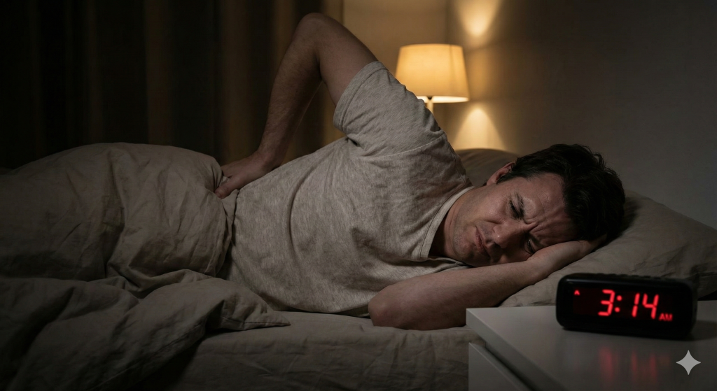 半夜因劇烈腰背疼痛而失眠的男子，神情痛苦看著凌晨3點的鬧鐘。