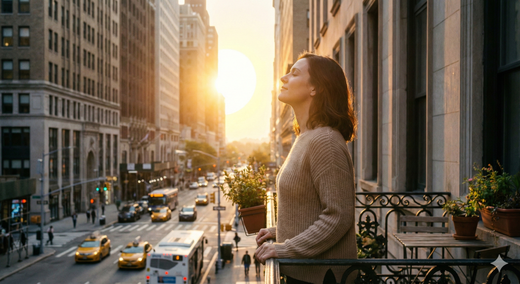 早晨陽光下，一名女子站在城市陽台進行深呼吸練習，透過放鬆身心來改善睡眠品質