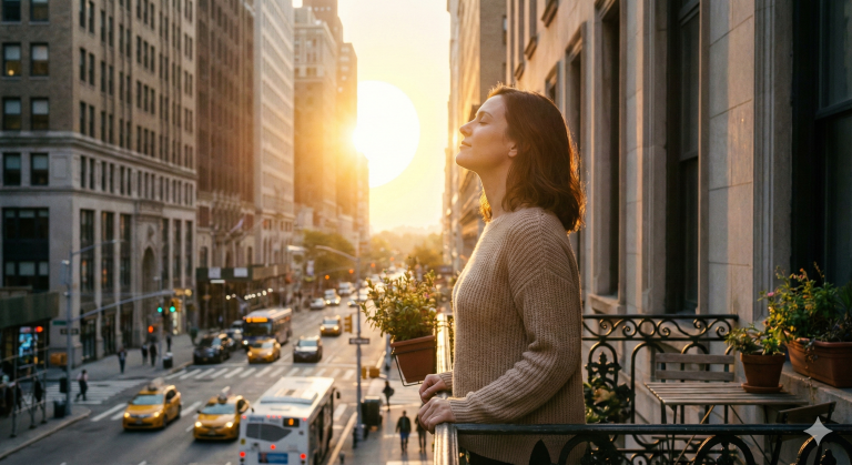 早晨陽光下，一名女子站在城市陽台進行深呼吸練習，透過放鬆身心來改善睡眠品質