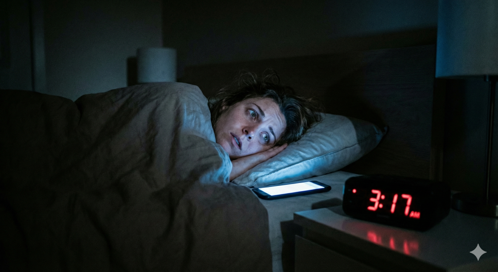 一名女性在凌晨3點17分因嚴重失眠而焦慮地盯著手機螢幕，這種夜間無法入睡、生理時鐘混亂的狀態，常是體內慢性發炎指數過高與皮質醇失調的典型反應。