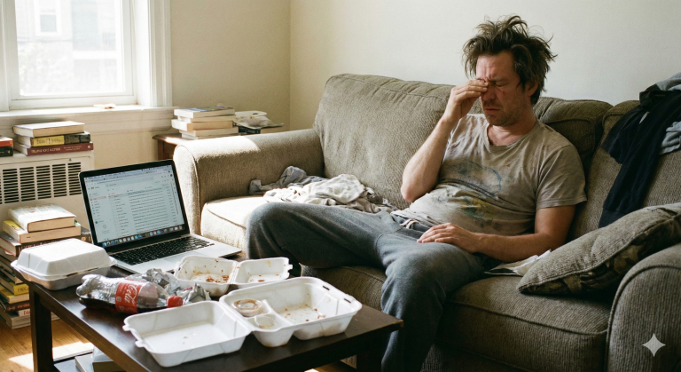 一名看起來極度疲憊且儀容不整的男子癱坐在沙發上，桌上堆滿速食餐盒與含糖飲料，這是不良生活習慣導致慢性發炎與長期疲勞的典型寫照。
