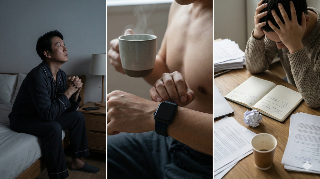 三格真實分鏡呈現失眠常見狀態：睡前思緒停不下來、自律神經緊繃、壓力惡性循環