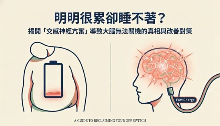 交感神經亢奮導致大腦無法關機，身體疲累卻失眠的示意圖