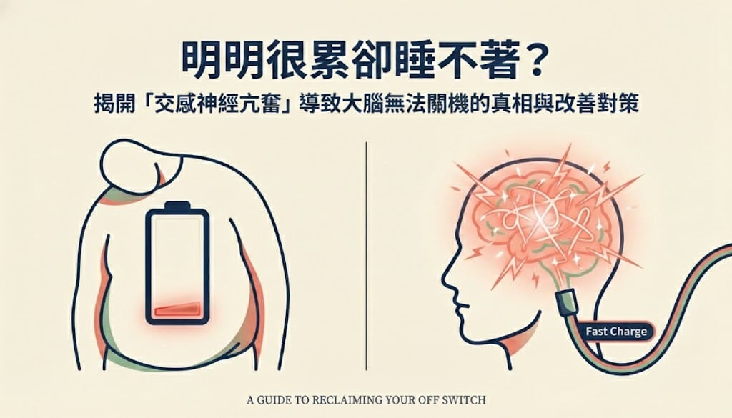 交感神經亢奮導致大腦無法關機，身體疲累卻失眠的示意圖
