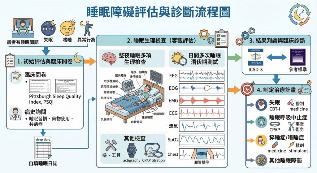 專業的醫療流程圖，標題為「睡眠障礙評估與診斷流程圖」。圖表詳細說明了四個主要步驟：1. 初始評估與臨床問卷（包括臨床問卷如 PSQI、病史詢問、自填睡眠日誌）；2. 睡眠生理檢查（客觀評估，包括整夜睡眠多項生理檢查 PSG 和日間多次睡眠潛伏期測試）；附有 PSG 檢查示意圖（大腦、心臟、呼吸、血氧、胸部活動、腦波 EEG、眼動 EOG、肌電 EMG、心電 ECG 等數據圖表）及「其他檢查」（actigraphy、CPAP titration ）工具；3. 結果判讀與臨床診斷（參考標準如 ICSD-3 、DSM-5 ）；4. 制定治療計畫（針對失眠的 CBT-I /藥物、睡眠呼吸中止症的 CPAP/手術、猝睡症/嗜睡症的藥物/興奮劑)。