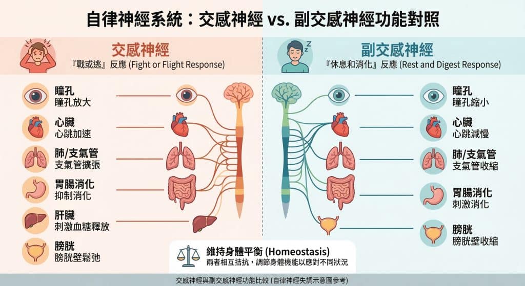 一張詳細的醫學教育圖表，標題為「自律神經系統：交感神經 vs. 副交感神經功能對照」。圖表清晰地分為兩部分，左側為橙色的「交感神經」(戰或逃反應)，右側為藍色的「副交感神經」(休息和消化反應)。中間顯示神經系統示意圖，分別連接到人體各主要器官。