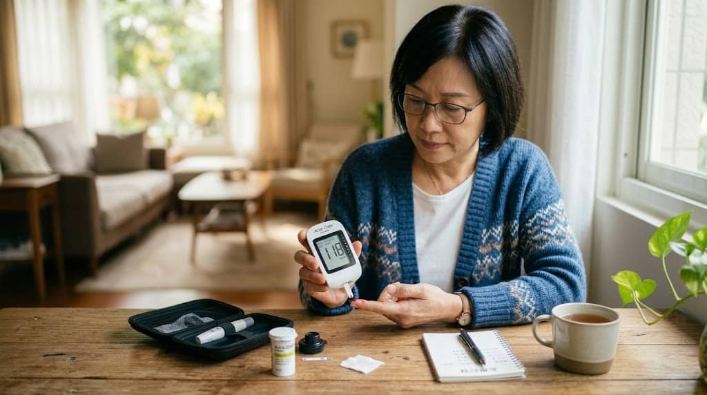 一位戴著眼鏡的亞裔中年女性坐在光線充足的家庭木桌前，手持顯示讀數為118的數字血糖儀，準備進行手指採血。桌上整齊地擺放著採血工具、測試條瓶、一個用於記錄讀數的筆記本和一支筆，背景是模糊的溫馨客廳。