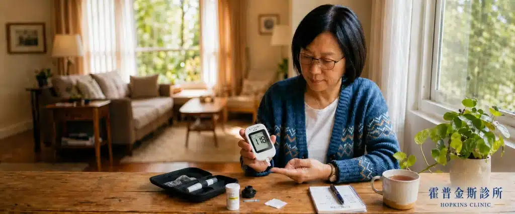 一位戴著眼鏡的亞裔中年女性坐在光線充足的家庭木桌前，手持顯示讀數為118的數字血糖儀，準備進行手指採血。桌上整齊地擺放著採血工具、測試條瓶、一個用於記錄讀數的筆記本和一支筆，背景是模糊的溫馨客廳。