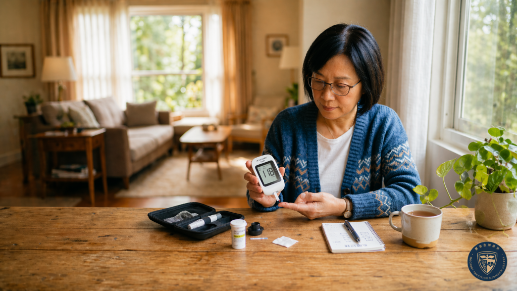 一位戴著眼鏡的亞裔中年女性坐在光線充足的家庭木桌前，手持顯示讀數為118的數字血糖儀，準備進行手指採血。桌上整齊地擺放著採血工具、測試條瓶、一個用於記錄讀數的筆記本和一支筆，背景是模糊的溫馨客廳。