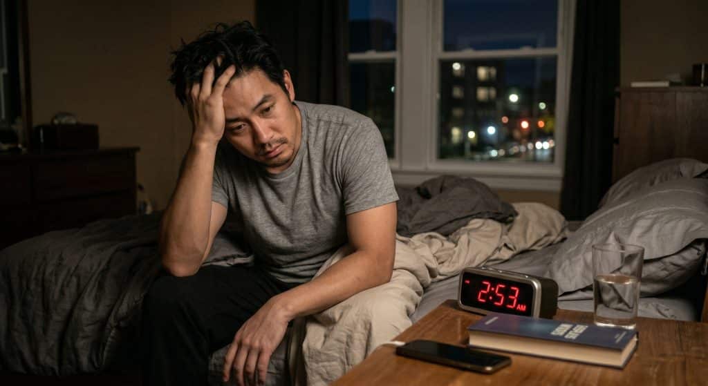 一張深夜照片，顯示一個疲憊的成人醒著躺在床上，神情沮喪地看著發光的數位鬧鐘，傳達失眠、夜醒和睡眠障礙的情境。