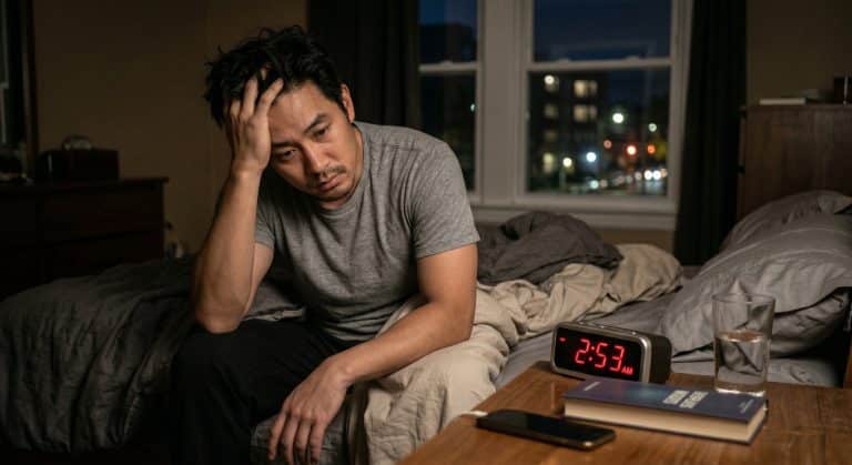 一張深夜照片，顯示一個疲憊的成人醒著躺在床上，神情沮喪地看著發光的數位鬧鐘，傳達失眠、夜醒和睡眠障礙的情境。
