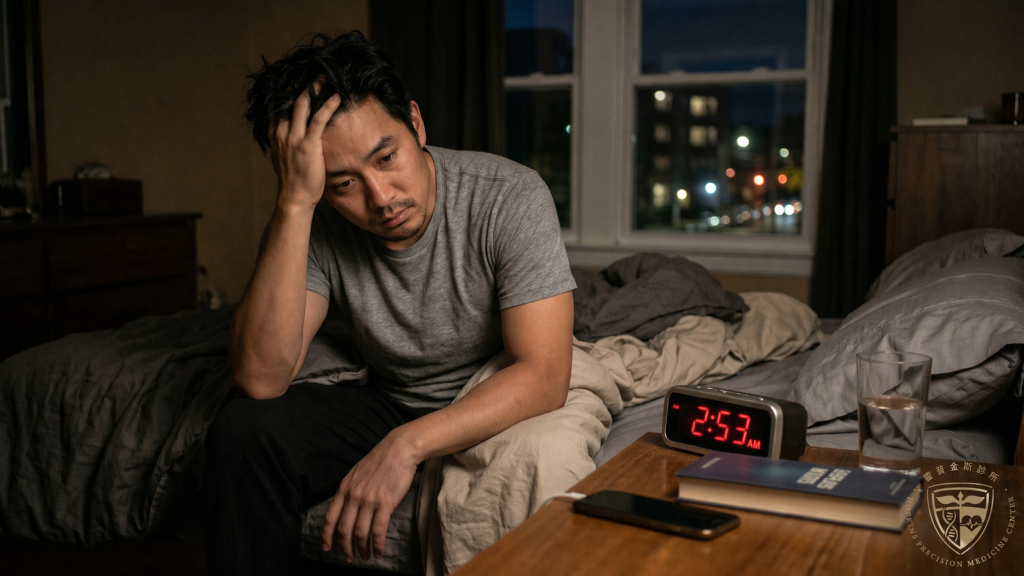 一名男性凌晨坐在凌亂床邊，手扶額頭、神情疲憊，旁邊電子時鐘顯示 2:53 AM，呈現失眠、夜醒與睡眠障礙造成的身心疲勞狀態，右下角放有霍普金斯診所標誌。
