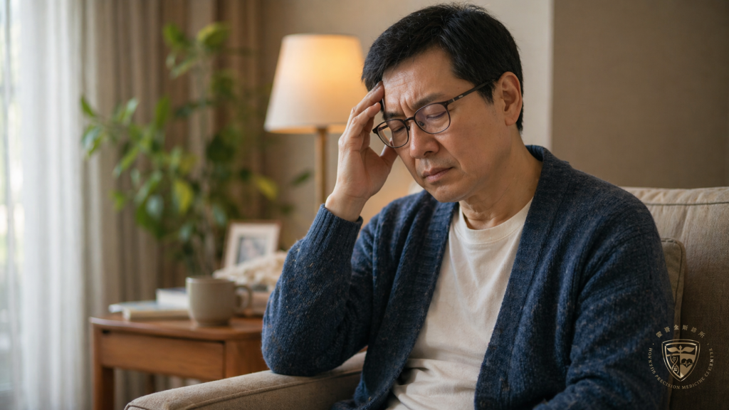 一名中年男性坐在溫暖居家空間中，手扶額頭、表情疲憊不適，呈現自律神經失調可能引起的頭暈、壓力與身心疲勞狀態，右下角放有霍普金斯診所標誌。