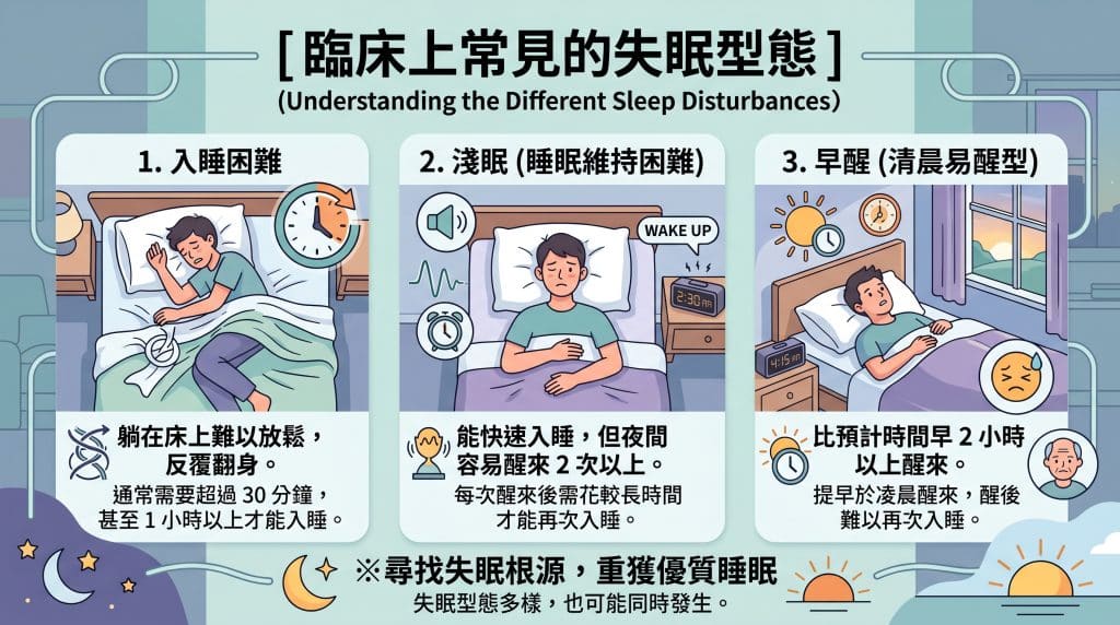 這是一張詳細的繁體中文資訊圖表，標題為「臨床上常見的失眠表現」，並提供英文翻譯「(Understanding the Different Sleep Disturbances)」。它由三個編號的卡片或面板組成，分別對應一種失眠類型。

「1. 入睡困難」，插圖顯示一個人在床上翻來覆去，看起來很沮喪，旁邊有一個顯示時間流逝的大時鐘。下方文字解釋躺在床上難以放鬆，通常需要超過 30 分鐘。

「2. 淺眠 (睡眠維持困難)」，插圖顯示一個人在半夜 2:30 醒來，鬧鐘在響，旁邊有不穩定的睡眠波形。下方文字解釋能快速入睡，但夜間容易醒來多次。

「3. 早醒 (清晨易醒型)」，插圖顯示一個人在清晨 4:15 醒來，看著日出，旁邊有老人圖標。下方文字解釋比預計時間早 2 小時以上醒來。
底部包含月亮和太陽圖標，以及文字「※ 尋找失眠根源，改善生活品質」和免責聲明。