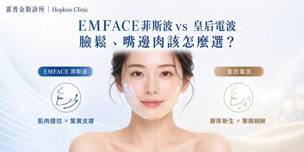EMFACE 菲斯波 vs 皇后電波比較圖，解析臉鬆、嘴邊肉該怎麼選，說明肌肉支撐與膠原緊緻兩種改善方向