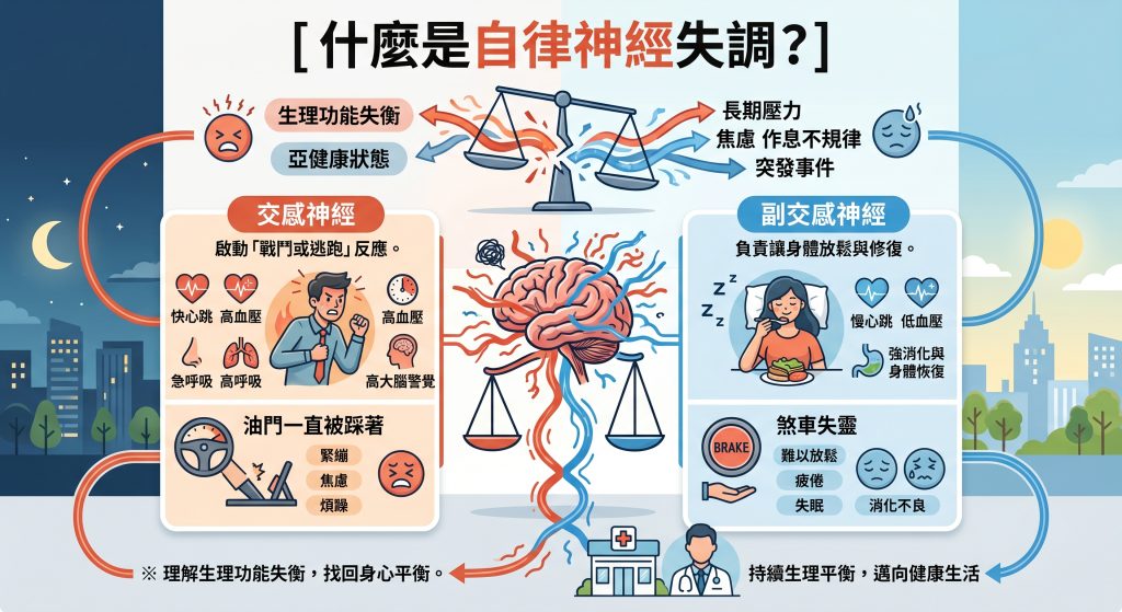 這是一張關於「自律神經失調」的教育資訊圖表。圖表中央是一個失衡的大腦與天平圖像。上方列出原因包括長期壓力、焦慮等。左側橘紅色區塊說明「交感神經」（油門）過度活躍的症狀，如心跳快、高血壓、緊繃焦慮；右側藍色區塊說明「副交感神經」（煞車）失靈的症狀，如失眠、疲倦、消化不良。下方則有尋求身心平衡與健康生活的宣導。