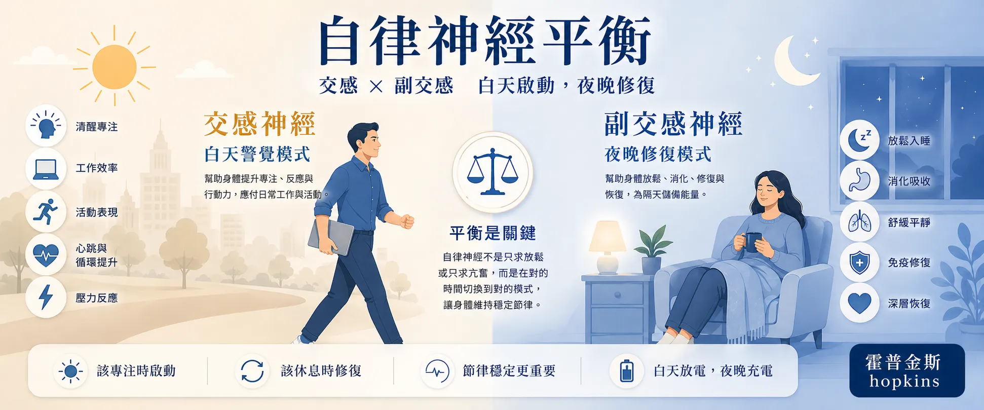 交感神經與副交感神經切換示意，呈現白天警覺、夜晚修復