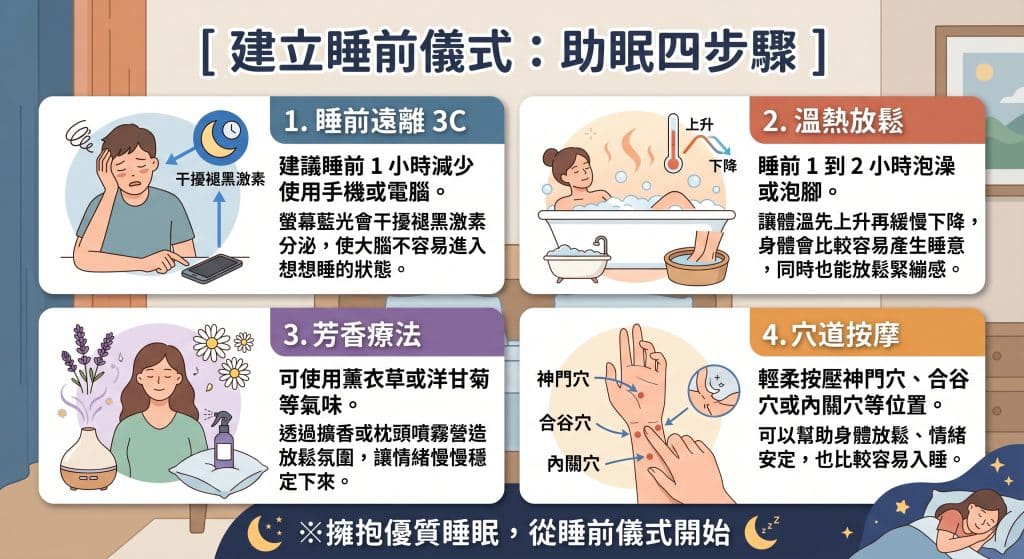 一張繁體中文教育資訊圖，標題為「建立睡前儀式：助眠四步驟」。它由四個編號的面板組成：1. 睡前遠離 3C（螢幕藍光會干擾褪黑激素，大腦不容易進入想睡狀態）；2. 溫熱放鬆（睡前 1-2 小時泡澡或泡腳，體溫下降產生睡意，放鬆緊繃感）；3. 芳香療法（使用薰衣草或洋甘菊，透過擴香或枕頭噴霧營造放鬆氛圍，穩定情緒）；4. 穴道按摩（輕柔按壓神門穴、合谷穴或內關穴，幫助身體放鬆、安定情緒、容易入睡）。圖片包含豐富的插圖和圖標。底部包含警告：「※擁抱優質睡眠，從睡前儀式開始」和一個太陽和月亮的圖標。