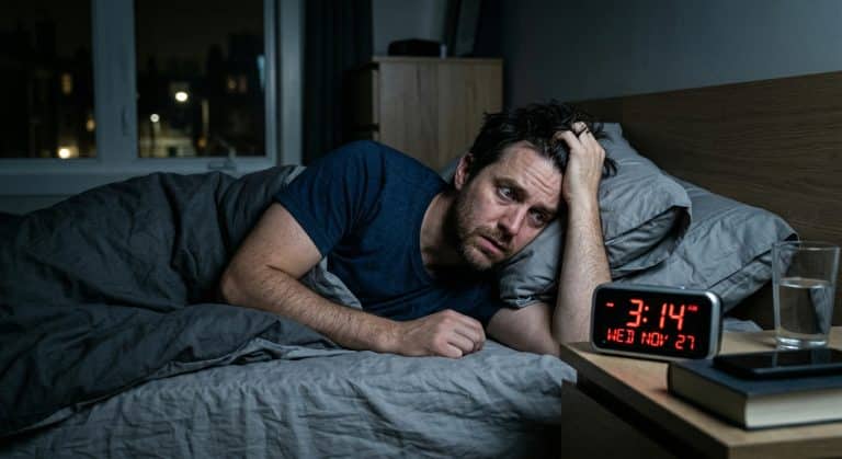 一名疲憊的成年男性深夜躺在床上，一隻手抓著頭髮，表情焦慮。床頭櫃上的數字時鐘顯示時間為凌晨 3:14，日期為 11 月 27 日（星期三）。臥室昏暗，窗外有城市夜景。