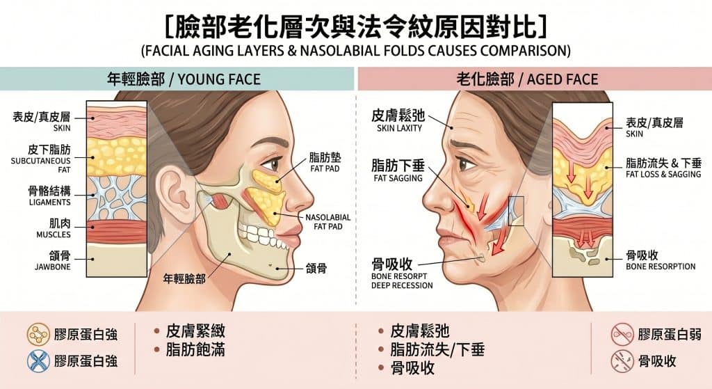 一張分層示意圖，展示年輕與老化臉部的側剖面，解釋法令紋（鼻唇溝）加深的原因。左側顯示年輕臉部，皮膚緊緻、皮下脂肪飽滿、韌帶強健、骨骼完整。右側顯示老化臉部，皮膚鬆弛下垂、鼻唇溝上方脂肪墊下垂（體積流失與下移）、韌帶鬆弛、鼻基底骨吸收。層次包括表皮/真皮、皮下脂肪、肌肉和骨骼。箭頭指示下垂方向和骨吸收區域。標題為「法令紋原因與臉部老化層次示意圖」。