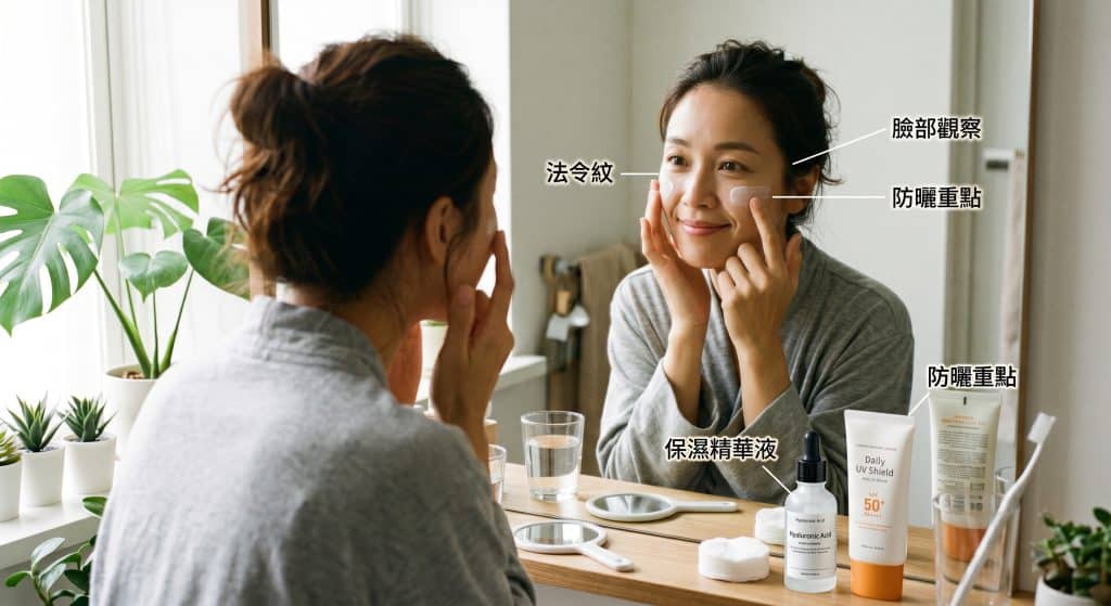 一張明亮的浴室梳妝台照片，一名女性背面朝向觀眾看著鏡子。鏡中反射出她正用雙手手指輕輕按壓或塗抹臉頰上的白色乳霜的正面臉部。圖片包含許多指引性的中文標籤，分別指向真實女性頭部的「臉部觀察」（真實頭部），以及鏡中臉部的「防曬重點」（塗抹乳霜處）和「法令紋」（臉頰乳霜處）。梳妝台上有標有「保濕精華液」（白色滴管瓶）和「防曬重點」（橙色「Daily UV Shield」軟管瓶，SPF 50+）的護膚品。桌上還有玻璃水杯、棉片、牙刷、小圓鏡和盆栽植物（龜背芋、多肉植物）。