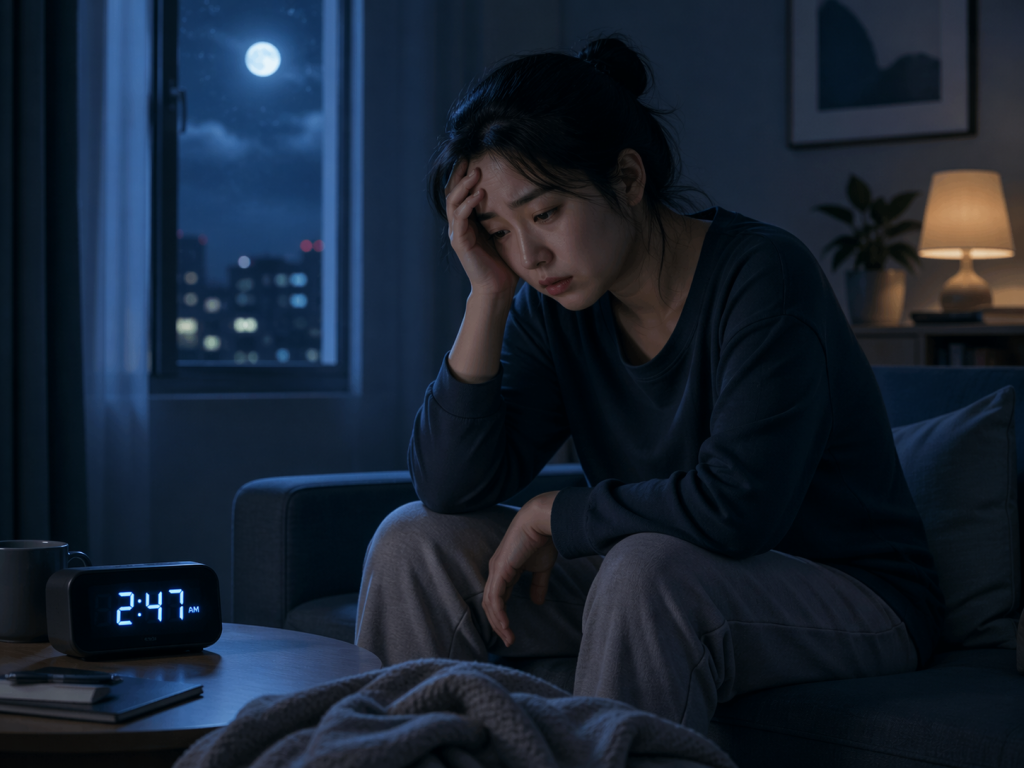 一名亞洲女性深夜坐在沙發上，手扶額頭神情疲憊，桌上電子時鐘顯示凌晨 2:47，呈現失眠時無法入睡、獨自清醒的狀態。