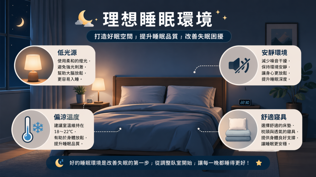資訊圖風格的臥室插畫，說明理想睡眠環境的四個重點，包括低光源、安靜環境、偏涼溫度與舒適寢具，幫助改善失眠與提升睡眠品質。