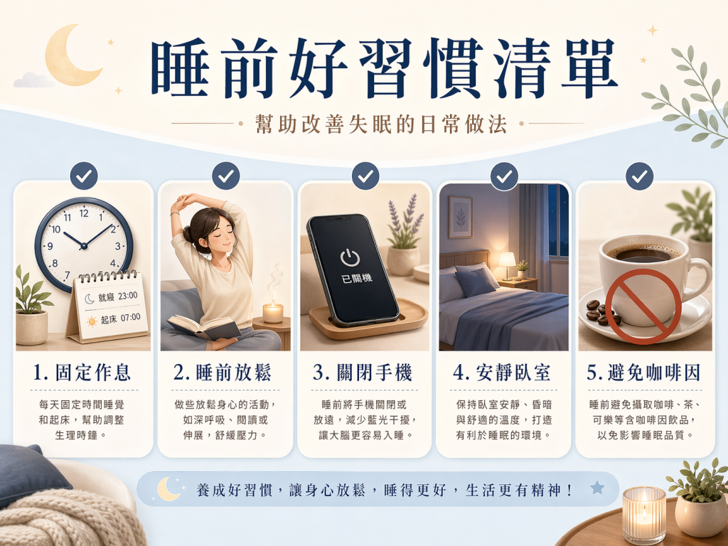 一張睡前好習慣清單插圖，以五個圖卡呈現固定作息、睡前放鬆、關閉手機、安靜臥室與避免咖啡因，主題聚焦於改善失眠的日常做法。