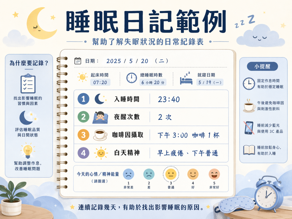 一張睡眠日記範例資訊圖，記錄入睡時間、夜醒次數、咖啡因攝取、白天精神狀態與睡眠時數，幫助整理失眠相關日常變化。