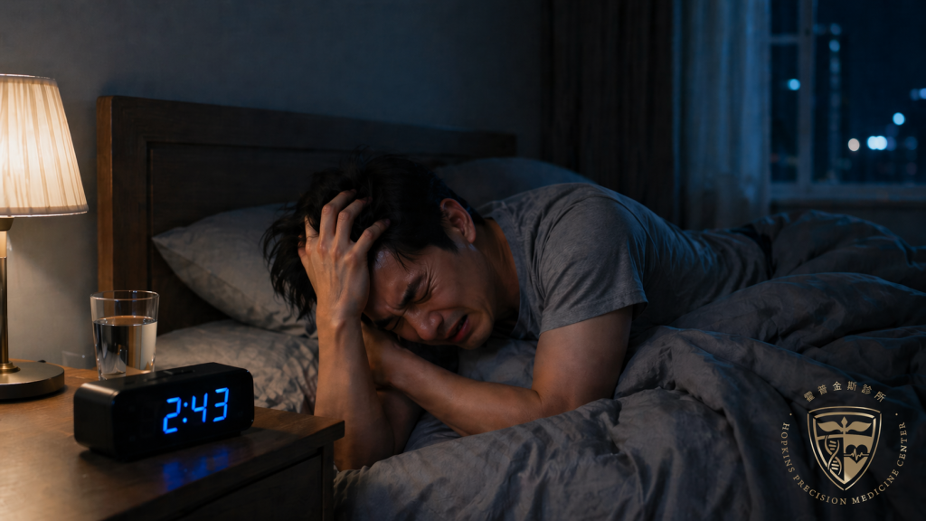 一名男性凌晨躺在床上，手抓頭髮、表情痛苦崩潰，旁邊電子時鐘顯示 2:43，呈現睡眠障礙、失眠、夜醒與夜間焦慮造成的身心疲憊狀態，右下角放有霍普金斯診所標誌。