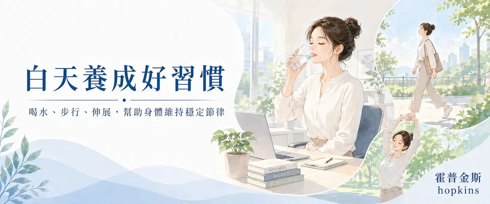 上班族補水、散步、伸展、接觸日光的生活情境