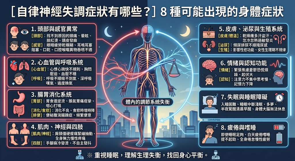 一張詳細的霓虹紅和霓虹藍配色繁體中文教育資訊圖，標題為「[自律神經失調症狀有哪些？] 8 種可能出現的身體症狀」。圖片中央展示一個人體全身神經系統，數據掃描顯示為紅色交感神經活躍流向左側（戰鬥反應）與藍色副交感神經活躍流向右側（修復反應）。中央文字：「體內的調節系統失衡」。人體後方是城市天際線。天平在右側傾斜（藍色、副交感神經、夜晚、失衡狀態）。圖片分為8個編號的區塊，每個區塊對應一種身體面向的症狀類別：1. 頭部與感官異常；2. 心血管與呼吸系統；3. 腸胃消化系統；4. 肌肉、神經與四肢；5. 皮膚、泌尿與生殖系統；6. 情緒與認知功能；7. 失眠與睡眠障礙；8. 疲倦與嗜睡。底部有醫生護士圖標和宣導文字「重視睡眠，理解生理失衡，找回身心平衡」。