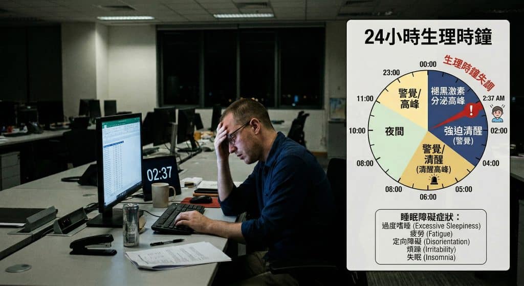 一張昏暗的辦公室夜間場景圖片，一名戴眼鏡、穿藍色襯衫的男子坐在電腦前，手扶額頭，看起來非常疲憊。電腦螢幕顯示時間為 02:37 AM。圖片右側嵌入一個圓形的「24小時生理時鐘」圖表，標題為繁體中文。圖表顯示生理時鐘失調、褪黑激素分泌高峰和強迫清醒區域，並列出了睡眠障礙症狀，如過度嗜睡、疲勞、定向障礙、煩躁和失眠。