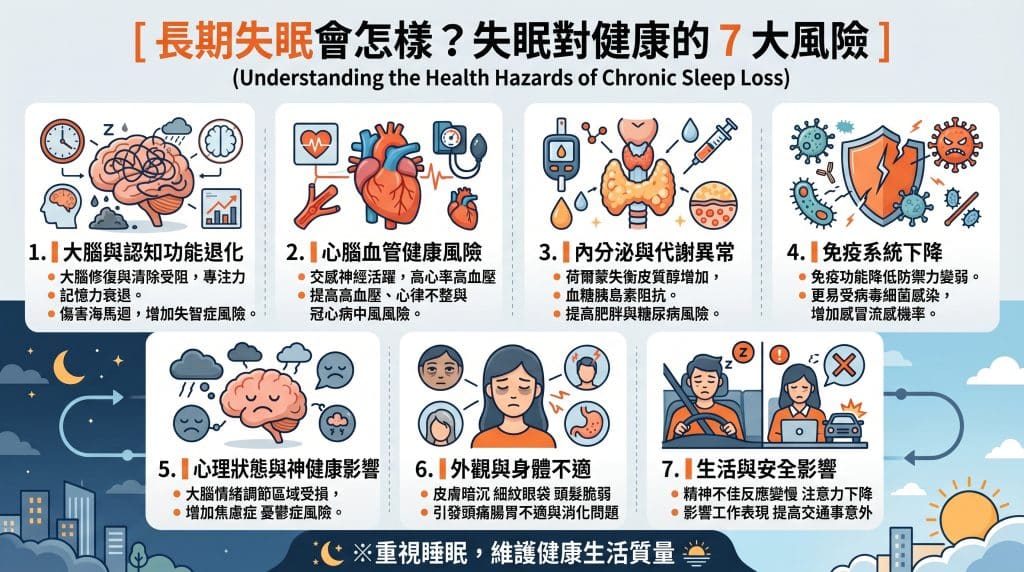 一張繁體中文教育資訊圖，標題為「長期失眠會怎樣？失眠對健康的 7 大風險」。它由 7 個編號的插圖面板組成，詳細列出風險：1. 大腦與認知功能退化（修復受阻、記憶力衰退、增加失智症風險）；2. 心腦血管健康風險（高血壓、心律不整、中風風險）；3. 內分泌與代謝異常（皮質醇增加、血糖不穩、肥胖糖尿病風險）；4. 免疫系統下降（免疫力降低、感冒流感機率增加）；5. 心理狀態與精神健康影響（焦慮、煩躁、憂鬱症風險）；6. 外觀與身體不適（皮膚暗沉細紋眼袋、頭痛腸胃不適）；7. 生活與安全影響（反應變慢、交通事故或工作意外風險）。圖表底部包含警告：「※ 重視睡眠，維護健康生活質量」。