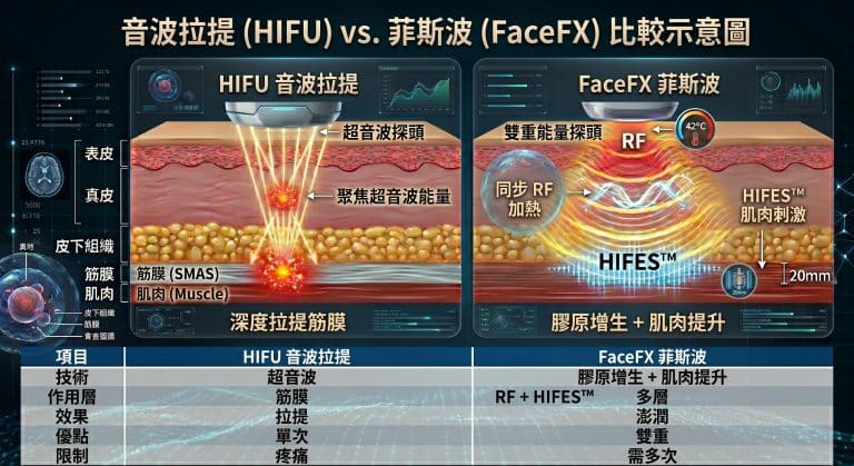 這是一張詳細的醫學美容技術比較資訊圖表，標題為「音波拉提 (HIFU) vs. 菲斯波 (FaceFX) 比較示意圖」。它顯示了兩種技術作用於皮膚層次的側剖面圖，分別比較其探頭、作用原理、能量聚焦深度和目標層次（表皮、真皮、皮下組織、筋膜層、肌肉層），下方附有一個詳細的比較表格。