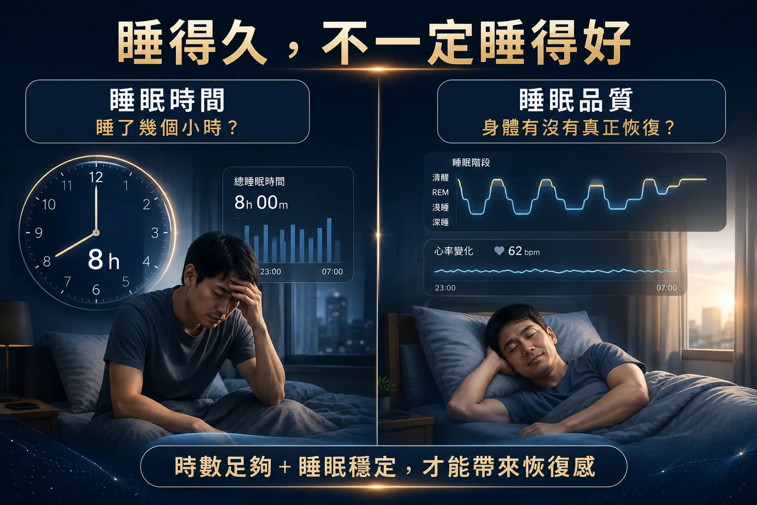 睡很久還是很累?竹北睡眠評估解析自律神經與疲勞原因 2 睡眠時間與睡眠品質比較圖,說明即使睡滿八小時,睡眠反覆中斷仍可能缺乏恢復感。