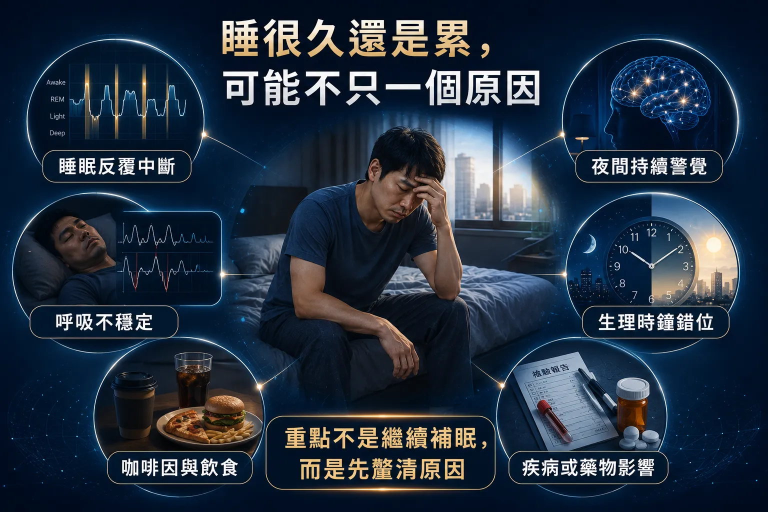 睡很久還是很累?竹北睡眠評估解析自律神經與疲勞原因 3 睡很久仍疲累的六大可能原因,包括睡眠中斷、自律神經警覺、呼吸問題、作息錯位、飲食及疾病影響。