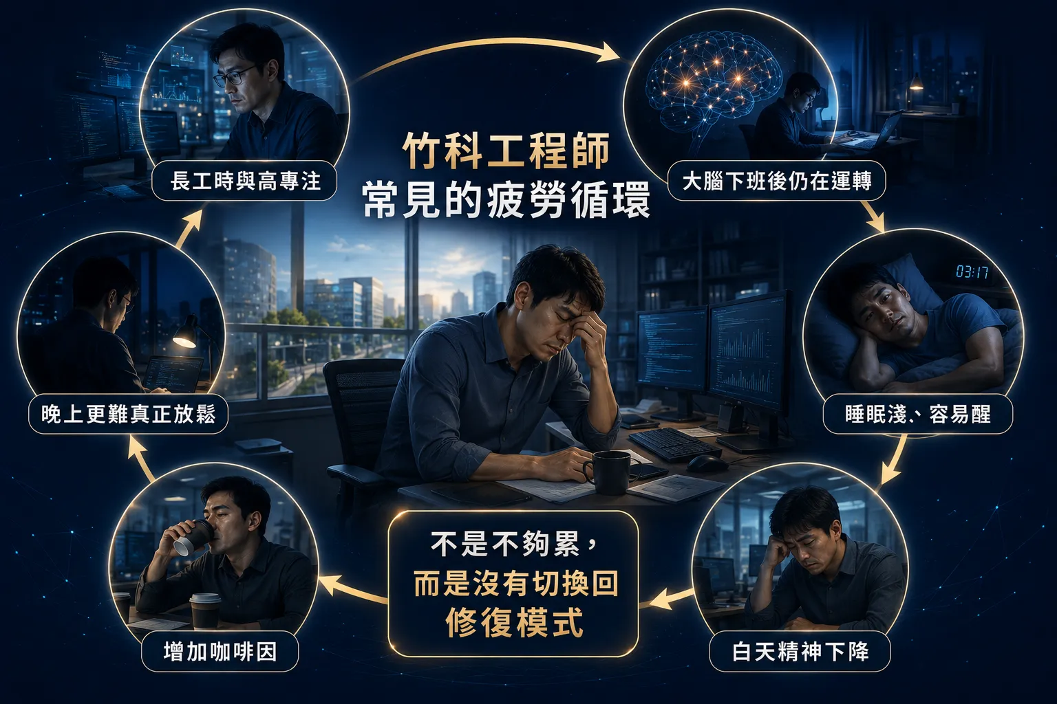 睡很久還是很累?竹北睡眠評估解析自律神經與疲勞原因 4 竹科工程師因長工時、高專注、咖啡因與睡眠品質下降形成的疲勞循環圖解。