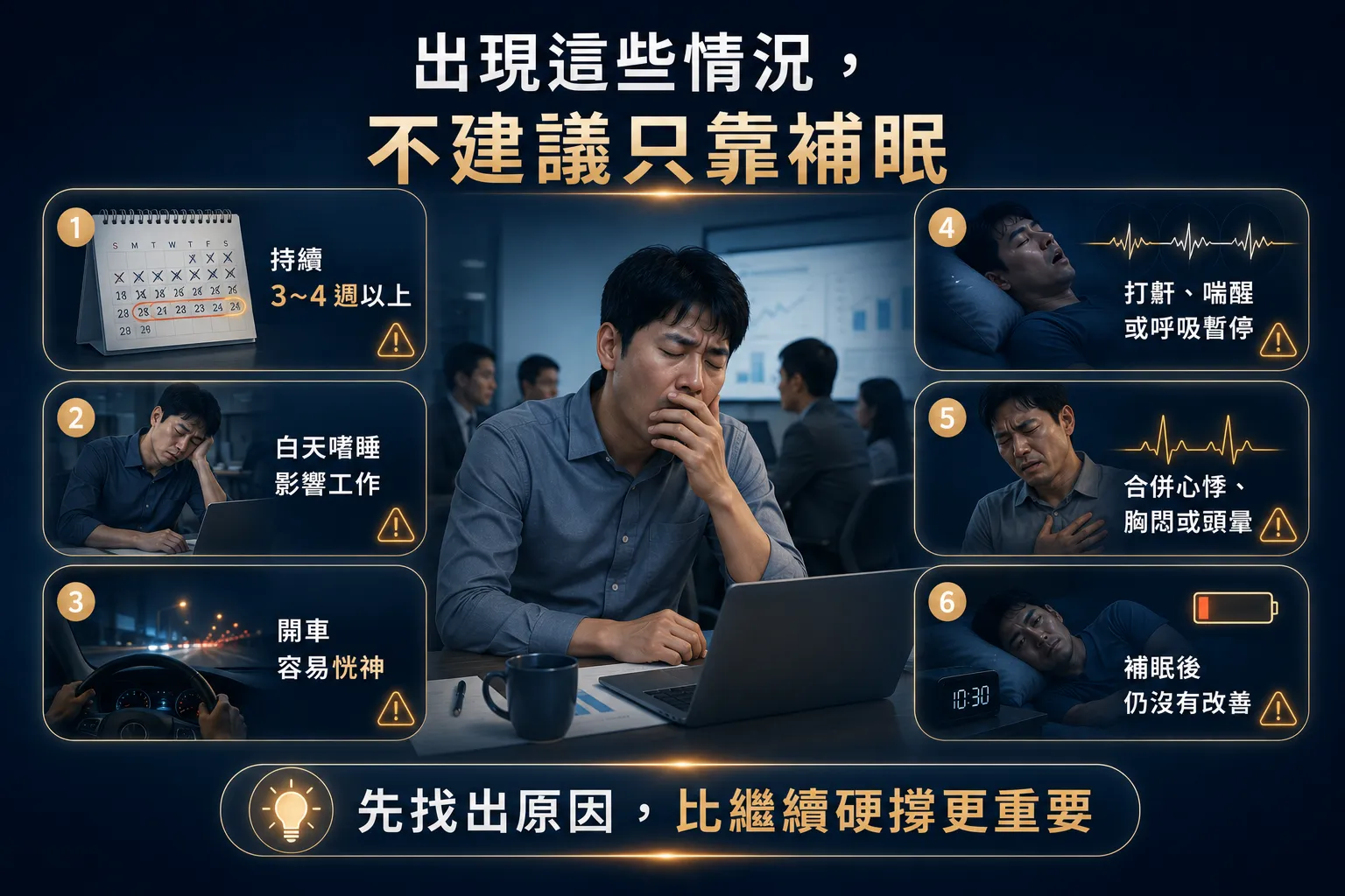 睡很久還是很累?竹北睡眠評估解析自律神經與疲勞原因 6 睡醒仍疲累需要進一步評估的警訊,包括白天嗜睡、開車恍神、打鼾喘醒及持續數週未改善。