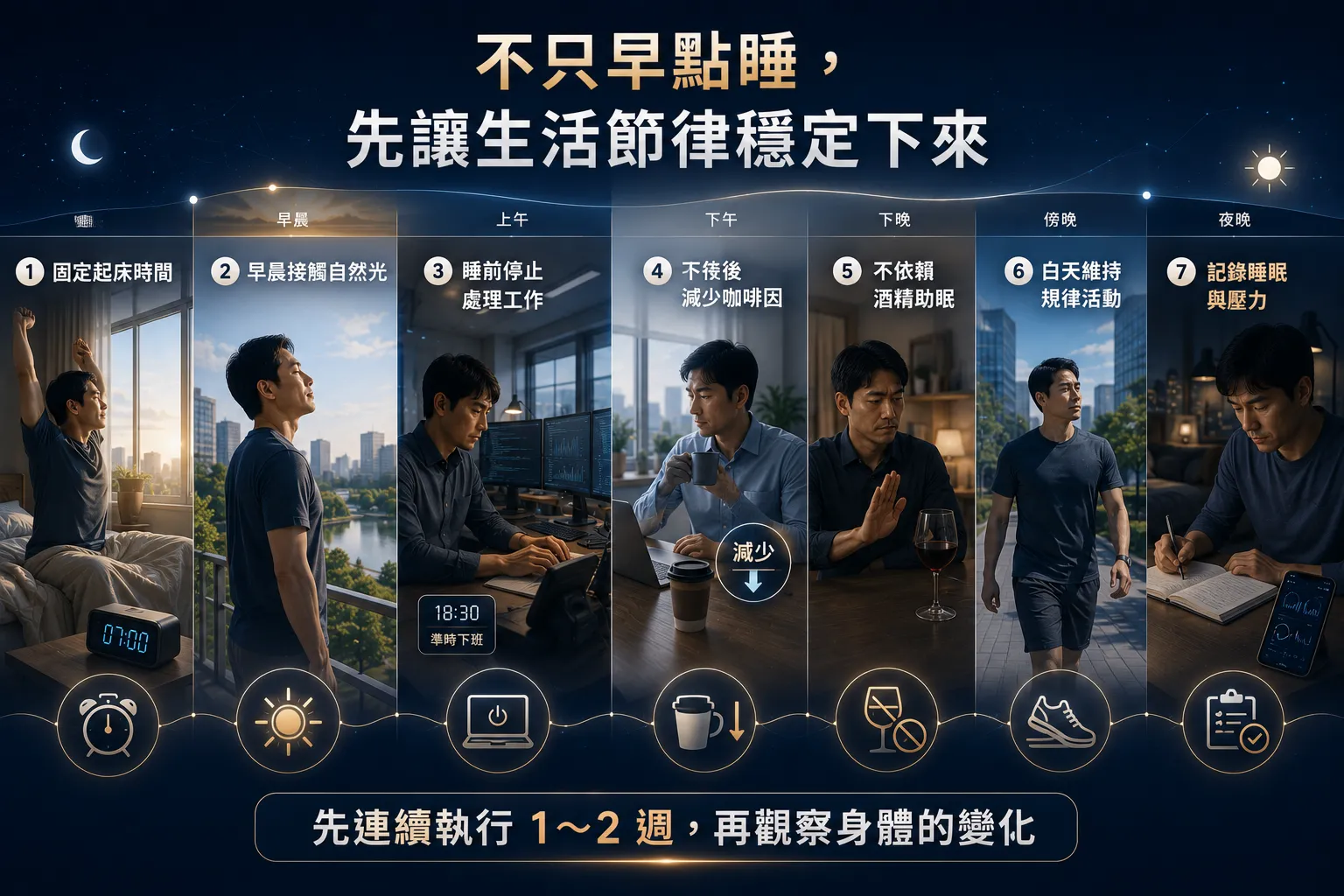 睡很久還是很累?竹北睡眠評估解析自律神經與疲勞原因 7 竹北科技業族群改善睡眠修復的七個方法,包括固定起床、早晨光照、減少咖啡因與睡前停止工作。