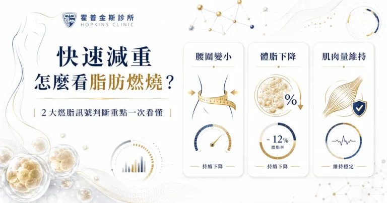 快速減重怎麼看脂肪燃燒？醫學資訊圖整理腰圍變小、體脂下降、肌肉量維持等燃脂訊號判斷重點。