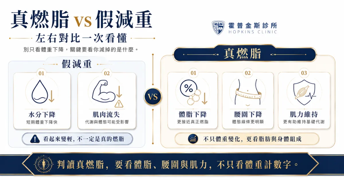 快速減重怎麼看脂肪燃燒?12大燃脂訊號判斷重點一次看懂 4 快速減重真燃脂與假減重比較,分辨水分與肌肉流失