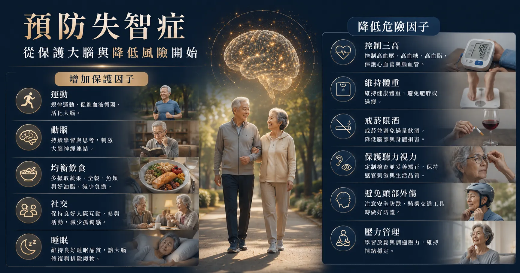 預防失智症可從規律運動、動腦、均衡飲食、良好睡眠、社交互動與控制三高等日常習慣開始。